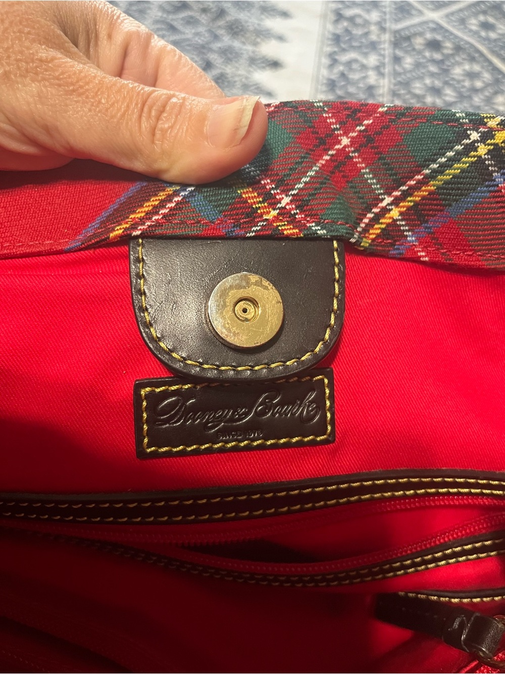 Dooney & Bourke Red TartanTote with Black Leather Handles (Some Interior Marks) - Picture 16 of 16